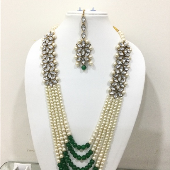 Green & white pearl pakistani bridal necklace set queen’s necklace - Picture 3 of 10